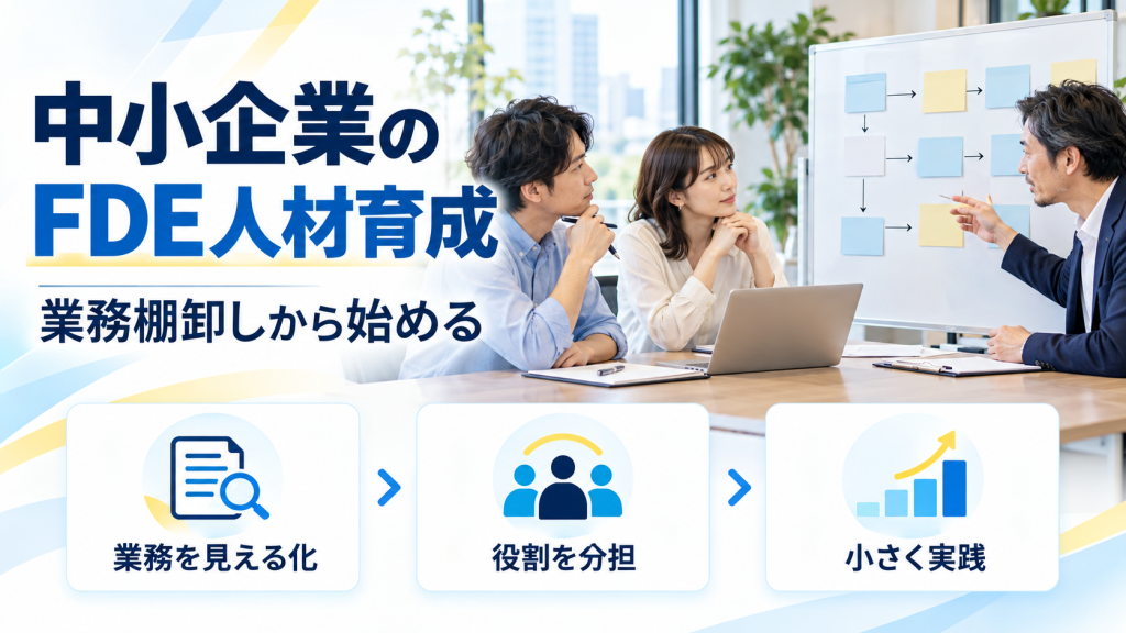 中小企業のFDE人材育成を、業務の見える化・役割分担・小さな実践の3段階で示した画像