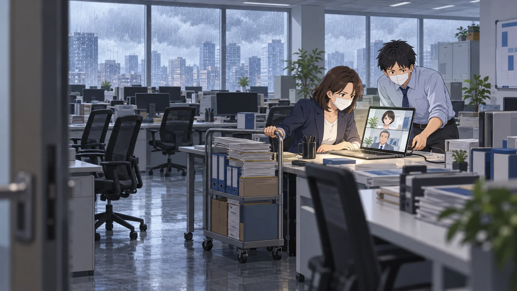 コロナ禍の空席のオフィスでオンライン会議を始める男女社員