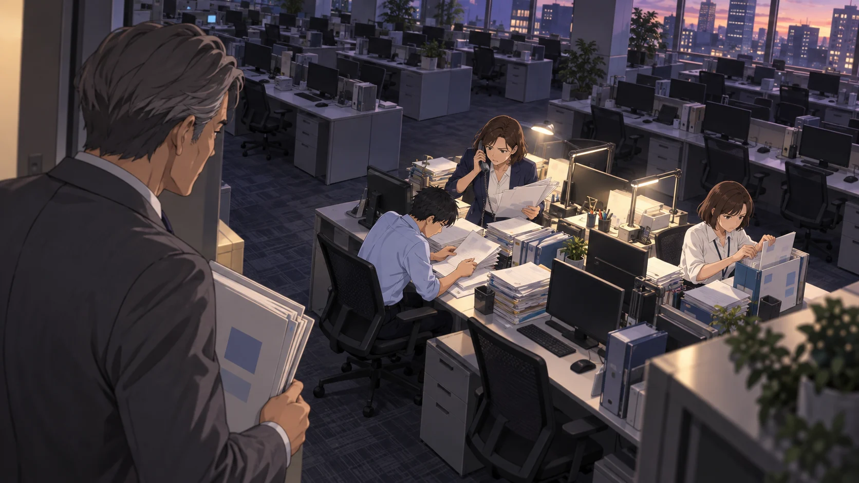 夕方のオフィスで少人数の社員が仕事を抱え、経営者が見守る場面