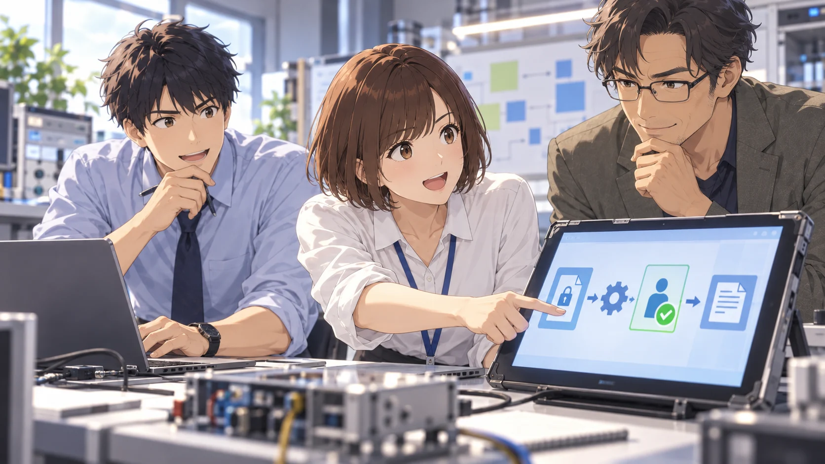 女性技術担当者が人による承認の仕組みを説明し、外部専門家と検証する場面