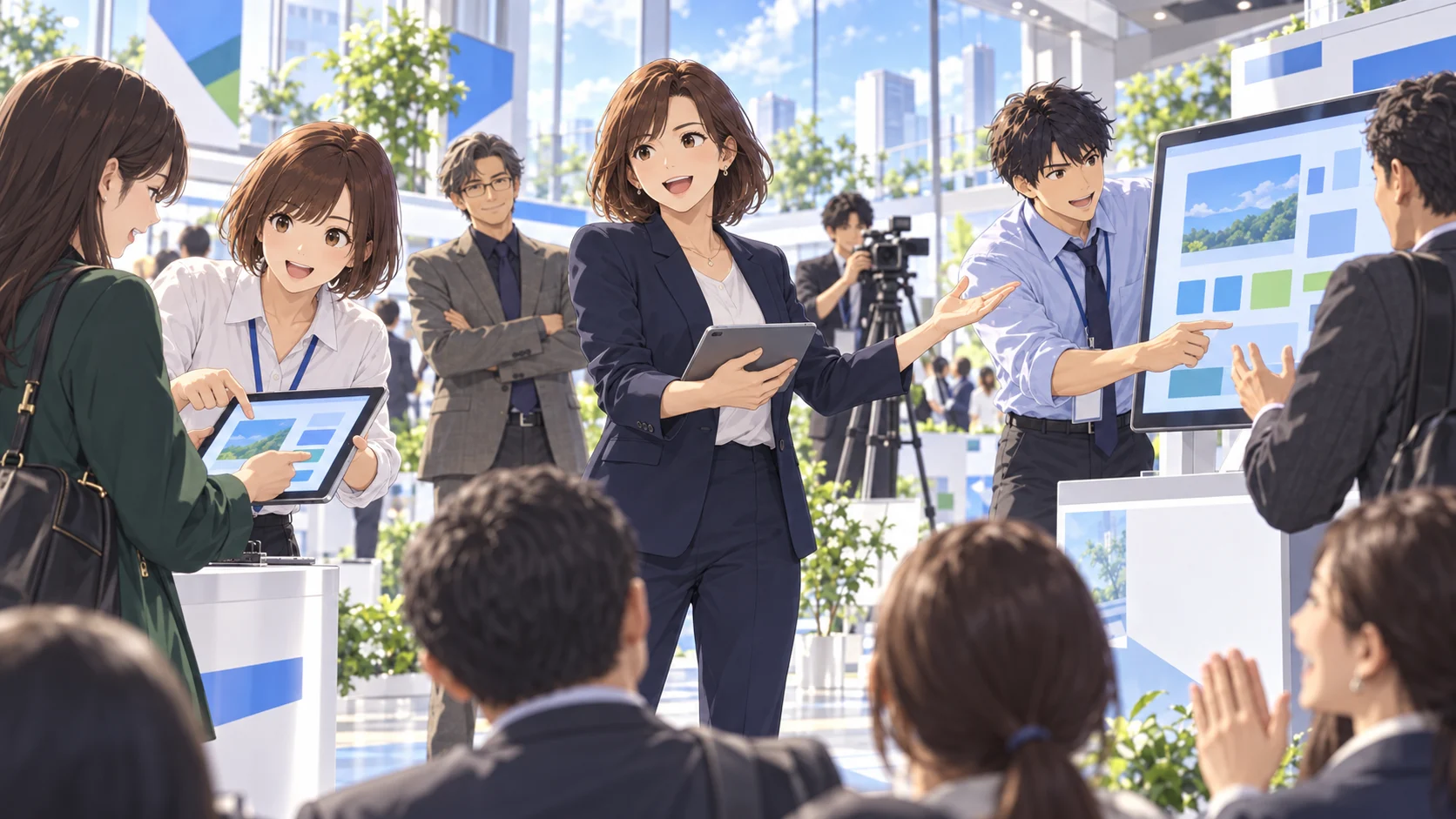 育った社員がお客様に新しいサービスを実演する、架空の企業のイメージ（AI生成）
